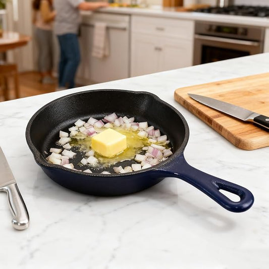 Commercial Grade, Cast Iron Enameled Cookware (Blue, Skillet 6”)