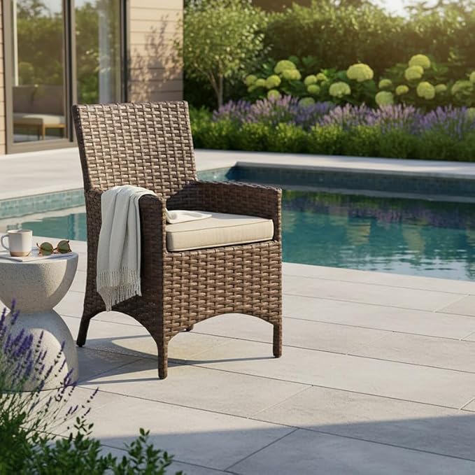 Covers & All Universal Aspen Wicker Arm Dining Chairs, All-Weather Resin Wicker with Plush Sunbrella Cushions for Premium Outdoor Furniture (24" L x 24" W x 35.5" H)