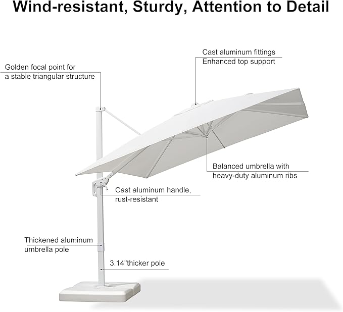 PURPLE LEAF 9 FT Patio Umbrella White Cantilever Umbrella Aluminum Square Outdoor Offset Umbrella Hanging Windproof with 360° Rotation for Garden Deck Pool, White