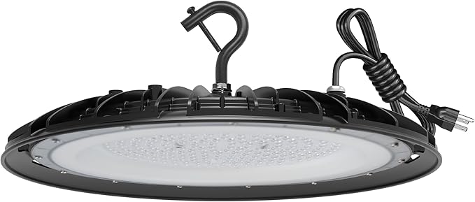 Super Bright High Bay LED Shop Lights - 150W 5000K Daylight, 21000LM 120VAC with 5ft Cord & US Plug. Standard US Hook, IP65 Waterproof led high Bay UFO Lights (1Pack)