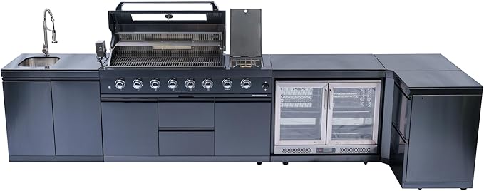 157-Inch 6-Burner 96000 BTU Propane Gas Outdoor Kitchen Island - Stainless Steel Grill with Wine Cooler, Rotisserie, Granite Countertops, Storage Cabinets & Drawers, Black