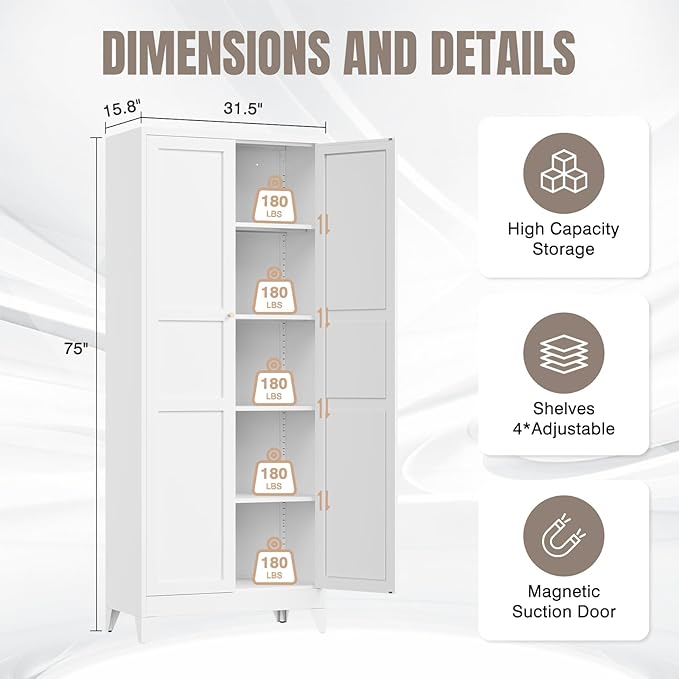 Yizosh Metal Pantry Cabinet, 75" Kitchen Pantry with 2 Door and 4 Adjustable Shelves,White Metal Pantry Storage Cabinet,Cupboard for Kitchen,Dining Room,Living Room and Bathroom