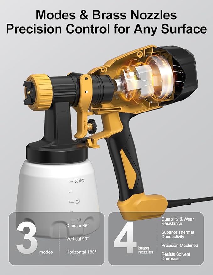 HVLP Paint Sprayer, Electric Spray Paint Gun, 3 Modes & 4 Barss Nozzles, with Cleaning & Blowing Joints, Variable Flow Control, for Doors, Fences, Furniture, Wall, Cabinet, Garden Chairs, etc.