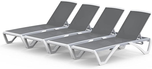 Domi Set of 4 Pool Lounge Chairs Aluminum Adjustable Outdoor Chaise Lounge,All Weather Plastic Poolside Lounge Chairs for Deck Lawn Backyard, Gray Textilene