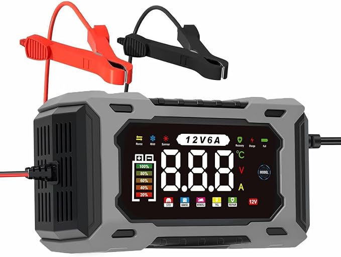 12V 6A Smart Battery Charger - Automotive Car/Motorcycle 12V Lead-Acid Battery Charger with LCD, Pulse Repair & Overcharge Protection