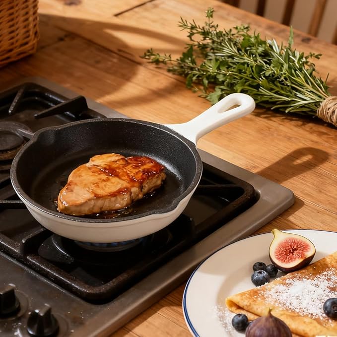 Commercial Grade, Cast Iron Enameled Cookware (White, Skillet 6”)