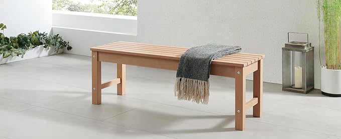 Psilvam Outdoor Bench, Two Person Poly Lumber Porch Bench, Weatherproof Garden Bench That Never Rot and Fade, All-Weather Patio Bench Suit for Garden, Porch, and Park (Teak Color)