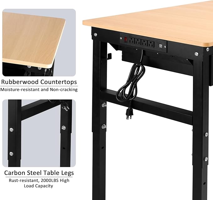 Workbenche with Drawers,60'' Workbench with Power Outlet for Garage,2700 Lbs Capacity Adjustable Workbench,Heavy Duty Table for Workshop Office Home Commercial