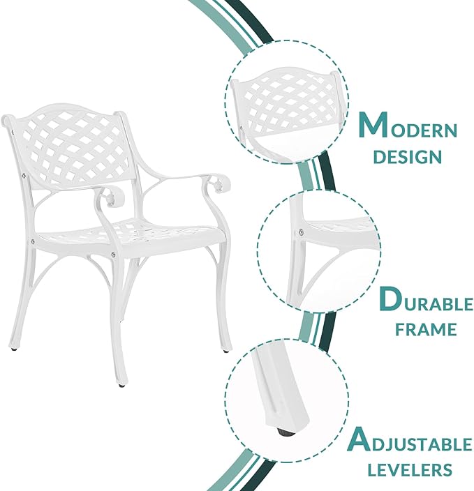 MEETWARM 3 Piece Patio Bistro Set, Outdoor All-Weather Cast Aluminum Dining Furniture Set Includes 2 Chairs and a 35.4” Round Table with Umbrella Hole for Garden Deck, White