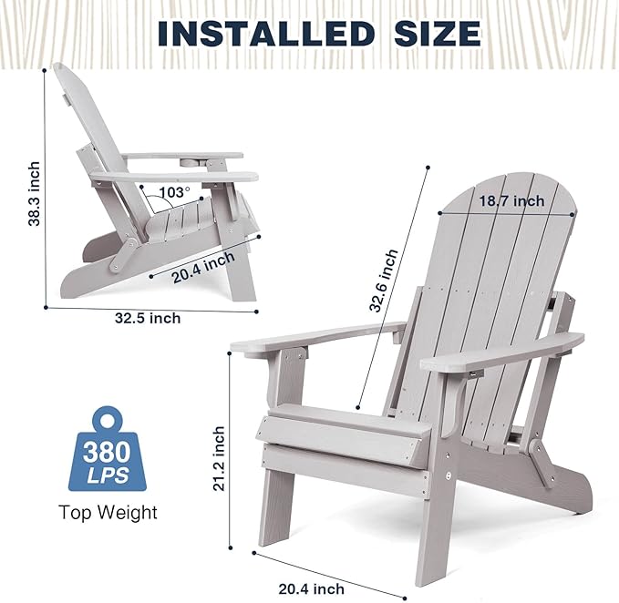 Folding Adirondack Chairs Set of 2, All Weather Resistant Plastic Chairs with Cup Holder, Fold or Unfold Easily in 1 Second, Outdoor Chairs for Patio, Garden, Backyard Deck, Lawn, Fire Pit(Grey)