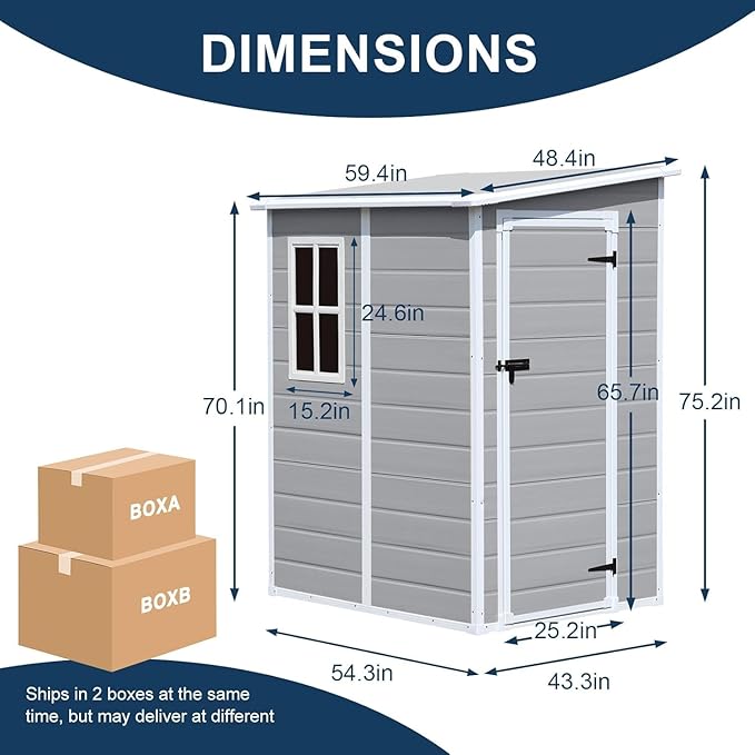 CDCASA 5x4 FT Resin Storage Shed, Waterproof Sheds & Outdoor Storage with Floor & Window & Lockable Door, Tool Shed for Garden, Patio, Backyard, Light Grey