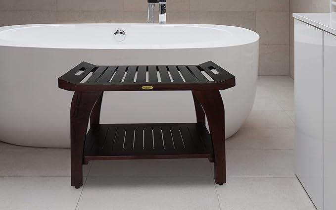 DecoTeak Tranquility 30 Inch Extended Height Brown Waterproof Teak Wood Shower Bench Stool Seat Chair for Inside Shower Storage Shelf Provides Safety Storage and Organization for Bathroom Accessories
