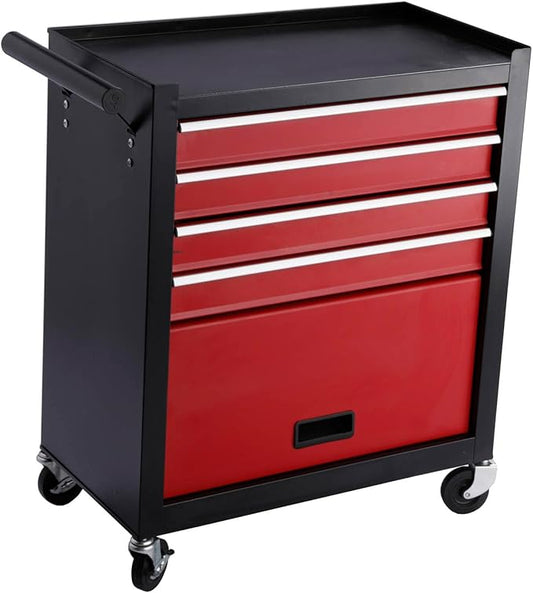 4 Drawers 1 Cabinet Rolling Tool Box on Wheels, Trolley Organizer Tool Cart Tool Chest, Multifunctional Tool Storage Tool Case for Workshop,Garage,Repair Shop(4 Drawers-29.5"H-Black&Red)