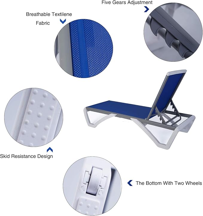Kozyard Patio Chaise Lounge Chair - Full Flat Alumium & Resin Legs, Outdoor Reclining Adjustable Chair for Sunbathing, Beach, Patio, Lounge Set or Patio Table (Blue Textilence W/O Table)