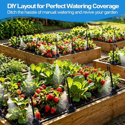 360° Adjustable Drip Irrigation System Kit, 50 FT Garden Watering System with 15 Copper Nozzles, Automatic Misting Sprinkler for Yard, Garden, Lawn, Raised Bed, Greenhouse and Plants