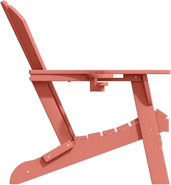 Folding Adirondack Chair with Cup Holders, HDPE Plastic Outdoor Chairs, Weather Resistant, Real Wood Look for Patio, Deck, Fire Pit, Backyard, Coral