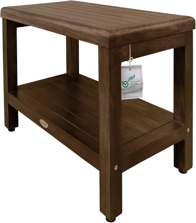 DecoTeak Eleganto 24 Inch Brown Waterproof Teak Wood Shower Bench Stool Seat Chair for Inside Shower Storage Shelf Provides Safety, Storage, and Organization for Bathroom Accessories