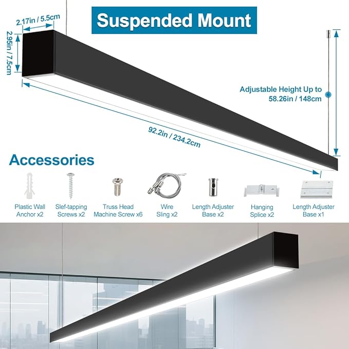 8FT Linkable LED Linear Light, 100/90/80/70/60W Adjustable, 3000K/4000K/5000K Selectable Linear Lighting Fixture, 0-10V Dimmable Architectural Hanging Office Shop Light for Retails, ETL 2Pack