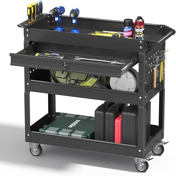 3 Tier Rolling Tool Cart, 400 LBS Capacity Mechanic Tool Carts on Wheels, Heavy Duty Utility Cart with Drawers, Metal Work Cart for Garage, Warehouse and Repair Shop, Matte Black