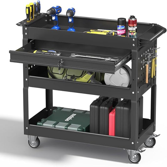 3 Tier Rolling Tool Cart, 400 LBS Capacity Mechanic Tool Carts on Wheels, Heavy Duty Utility Cart with Drawers, Metal Work Cart for Garage, Warehouse and Repair Shop, Matte Black