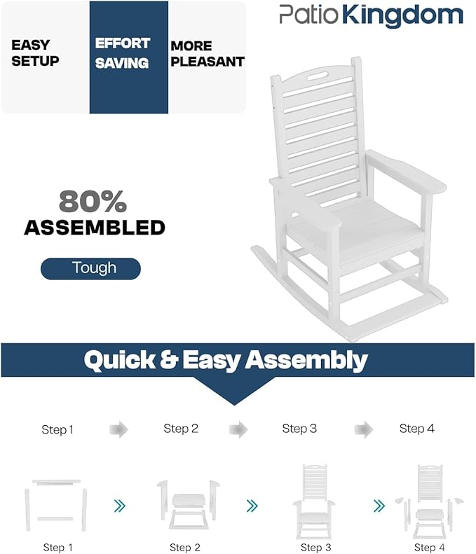 Outdoor Rocking Chairs Set of 2 with Footrest, HDPE Modern Rocking Lawn Chair for Garden, Poolside, Deck (White)