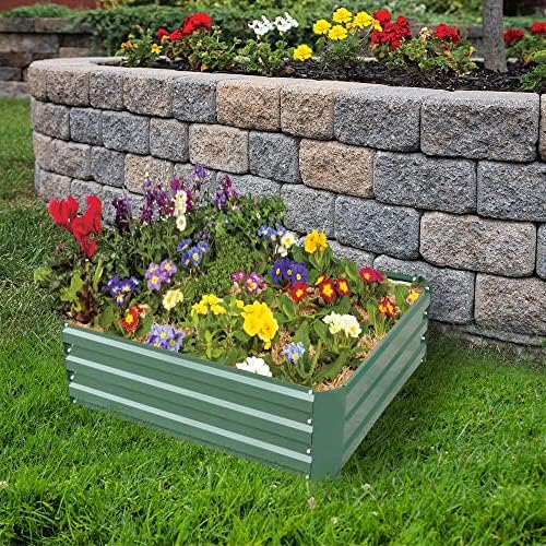 4x4x1ft Green Metal Raised Garden Bed Kit, Galvanized Outdoor Planter Box for Vegetables, Flowers, Herbs, and Succulents,120 Gallon Capacity