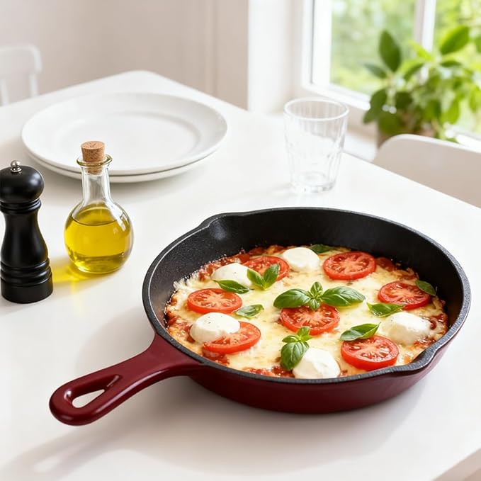 Commercial Grade, Cast Iron Enameled Cookware (Dark Red, Skillet 8”)