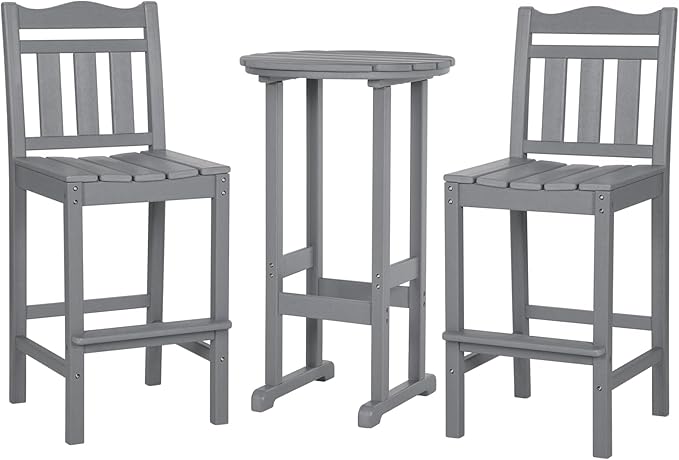 nalone Outdoor Bar Chairs and Table Set, HDPE Balcony Adirondack Chairs and Table 3 Pieces Set, Outdoor Bar Stools Set for Garden, Yard, Backyard(Grey, Bar Chairs with Table)