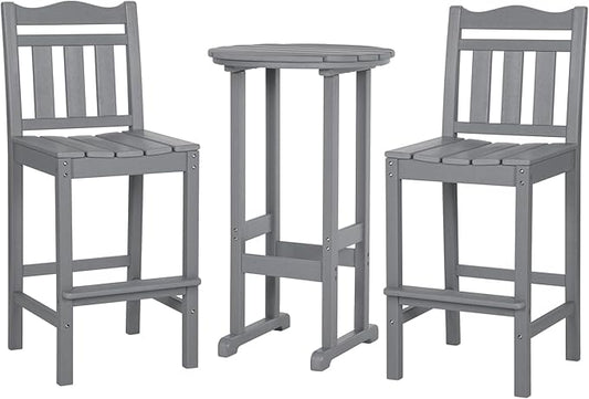 nalone Outdoor Bar Chairs and Table Set, HDPE Balcony Adirondack Chairs and Table 3 Pieces Set, Outdoor Bar Stools Set for Garden, Yard, Backyard(Grey, Bar Chairs with Table)
