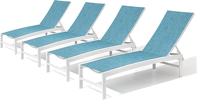Patio Aluminum Chaise Lounge Chair, Set of 4 Outdoor Recliner Lounge Chair Sun Loungers, All Weather Chaise with 5 Adjustable Backrest and Lay Flat Positions for Garden, Balcony, Pool