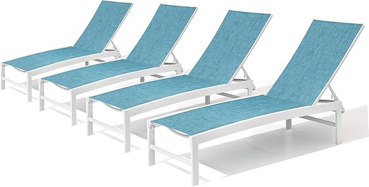 Patio Aluminum Chaise Lounge Chair, Set of 4 Outdoor Recliner Lounge Chair Sun Loungers, All Weather Chaise with 5 Adjustable Backrest and Lay Flat Positions for Garden, Balcony, Pool