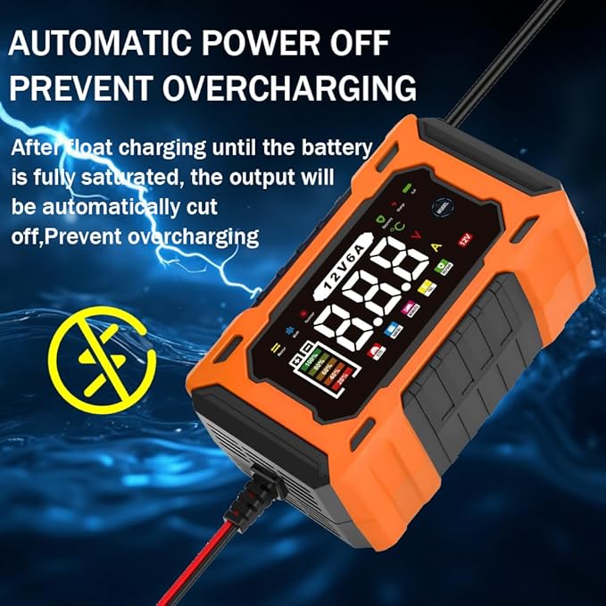 12V 6A Smart Battery Charger - Automotive Car/Motorcycle 12V Lead-Acid Battery Charger with LCD, Pulse Repair & Overcharge Protection (Orange)