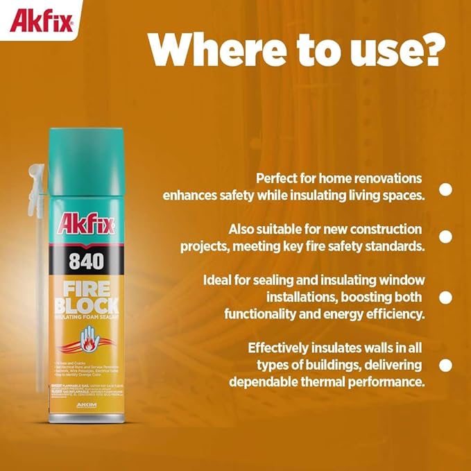 Akfix 840 Fire Block Spray Foam (2x12 Oz.)- Orange Color Fire Retardant Polyurethane Expanding Foam for Gap Filling, Insulation and Sealing on Window and Door, Fire Rated, Paintable | 12 Oz. 2 Pack