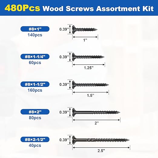 480Pcs Deck Screws, #8 Wood Screws Assortment Kit, 5Sizes Assorted Screw Set, Rust Resistant Torx Screws with Flat Head, Black Screw Kit for Woodworking Projects, Star Bit Included