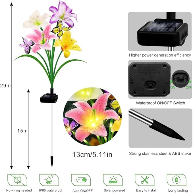 4 Pack Solar Garden Lights LED Solar Lilies Flower Lights, Yard Patio Pathway Decoration High Flexibility Copper Wire Handmade Silk Artificial Flowers Never Wither, Gift for Family Friends