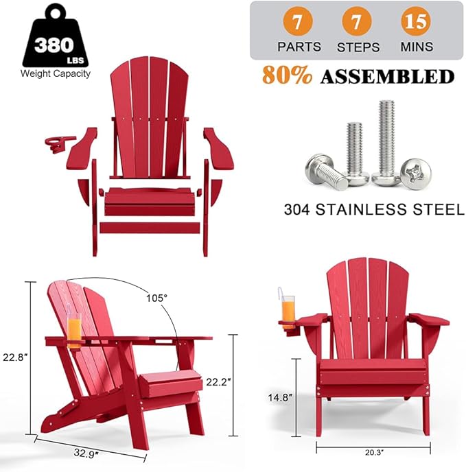 Folding Adirondack Chairs with Cup Holders, Set of 4 HDPE Plastic Outdoor Chairs, Weather Resistant, Real Wood Look, Heavy-Duty Patio Furniture for Deck, Fire Pit, Backyard, Red