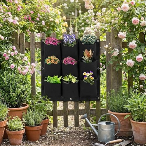 WFIST Vertical Hanging Planter Bag, Breathable Felt Wall Garden Planter with Metal Grommets, Indoor/Outdoor Space-Saving Herb & Flower Growing Pouch (9-Pocket)