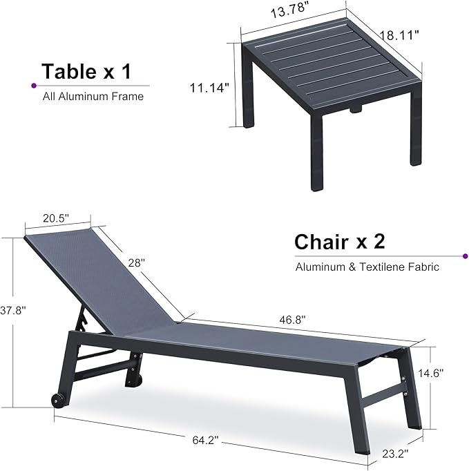 PURPLE LEAF Patio Chaise Lounge Set for 2 Outdoor Chaise Lounge Chair with Aluminum Frame and Wheels Pool Lounge Chairs for Deck Yard Poolside Table Included, Dark Grey