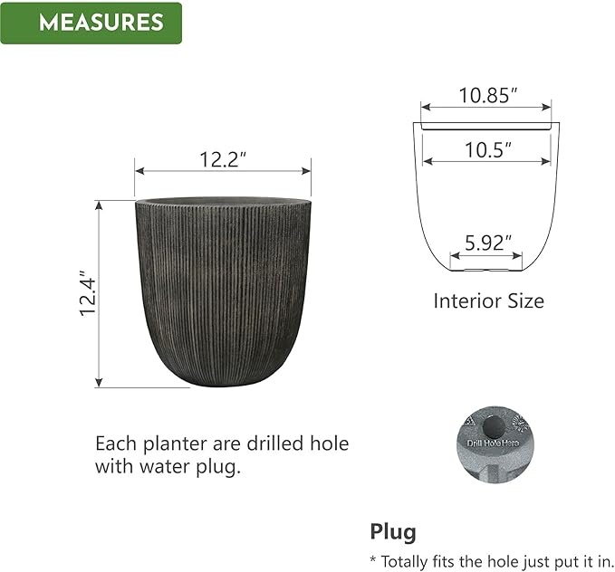 12.4" Tall Round Plastic Planter for Indoor Outdoor Plants, Large Indoor Outdoor Plant Pots with Drainage Hole and Plug, Flower Pots for Plants, Modern Planter for Home Garden Patio,Vintage Black