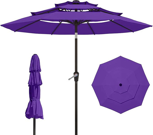 9FT 3 Tiers Patio Umbrella With Auto Tilt and Crank, Outdoor Table Market Umbrella with 8 Sturdy Ribs for Garden,Lawn,Deck,Backyard and Pool,Dark Purple