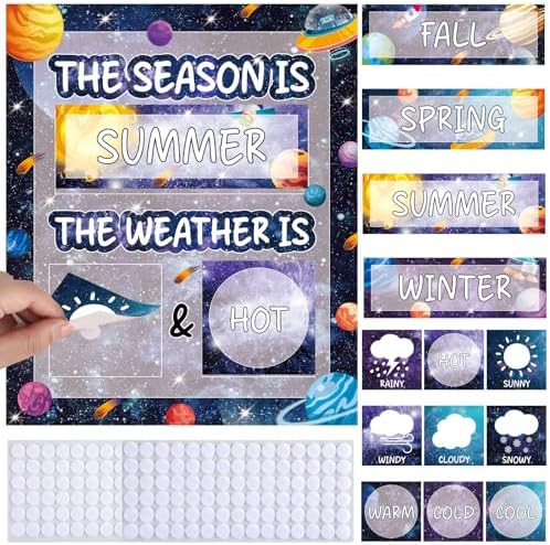 Outer Space Galaxy Season and Weather Calendar Bulletin Board Season Calendar Posters with Weather Cards Hook and Loop Dots for Classroom Wall Decor Preschool Kindergarten Student Teacher Supplies
