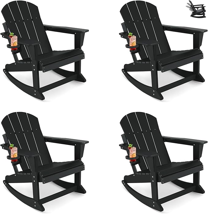 Outdoor Rocking Chair, HDPE Poly All-Weather Patio Rocking Chairs with Cup Holder for Adults, Porch Rocker for Deck Patio Balcony, 440lbs, Black