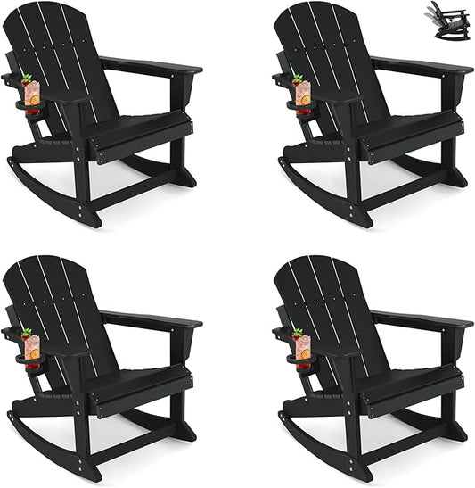 Outdoor Rocking Chair, HDPE Poly All-Weather Patio Rocking Chairs with Cup Holder for Adults, Porch Rocker for Deck Patio Balcony, 440lbs, Black