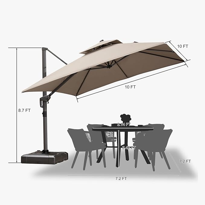 PURPLE LEAF 10 FT Cantilever Umbrella Outdoor Patio Umbrella, Large Offset Square Umbrella, Windproof Heavy Duty Hanging Outside for Patio, Sand Dune
