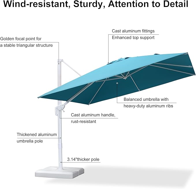 PURPLE LEAF 10 FT Patio Umbrella White Cantilever Umbrella Aluminum Square Outdoor Offset Umbrella Hanging Windproof with 360° Rotation for Garden Deck Pool, Turquoise