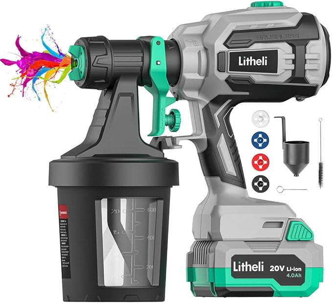 Litheli Cordless Paint Sprayer with Powerfu Brushless Motor, 20V 4.0Ah Battery Paint Sprayers with 4 Nozzle and 2 x 800ml Container, Electric 800W HVLP Paint Gun for House Car, Deck, Fence, Furniture