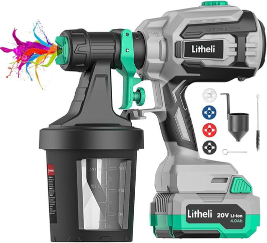 Litheli Cordless Paint Sprayer with Powerfu Brushless Motor, 20V 4.0Ah Battery Paint Sprayers with 4 Nozzle and 2 x 800ml Container, Electric 800W HVLP Paint Gun for House Car, Deck, Fence, Furniture