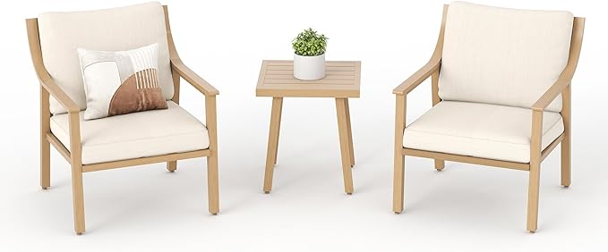 3-Piece Patio Conversation Bistro Sets, Outdoor Aluminum Bistro Sets with Thick Cushion, Modern Side Table and Chairs Set of 2, Rustproof and Waterproof for Porch Deck Garden, Beige