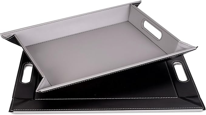 PLACEsMAT 2-in-1 Faux Leather Placemat & Serving Tray | Reversible Design, Lays Flat & Easy to Clean | Ottoman Food Tray, Perfect Housewarming Gift, 18” x 14” (Grey & Black, Single)