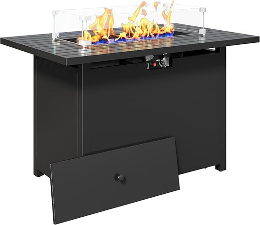 43'' Propane Fire Pit Table, 50000 BTU Gas Fire Pits Table with Removable Lid and Lava Rock, Rectangular Fire Table with Cover, Ideal for Dining or Party on Patio, Garden, Yard, Black